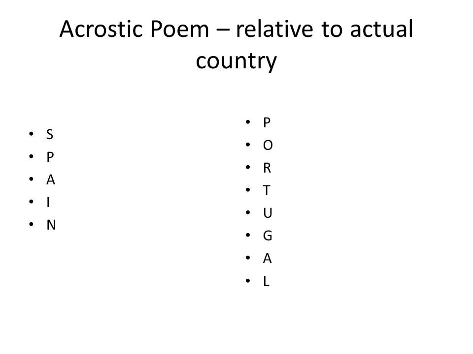 Acrostic Poem – relative to actual country S P A I N P O R T U G A L