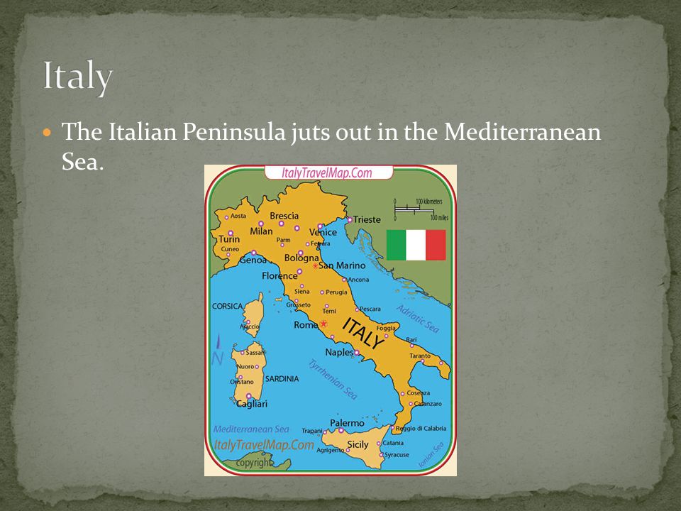 The Italian Peninsula juts out in the Mediterranean Sea.