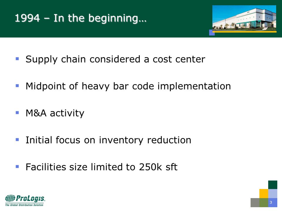 – In the beginning…  Supply chain considered a cost center  Midpoint of heavy bar code implementation  M&A activity  Initial focus on inventory reduction  Facilities size limited to 250k sft