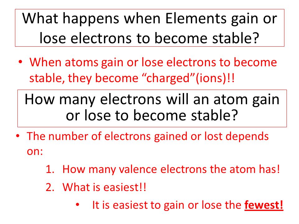 What happens when Elements gain or lose electrons to become stable.