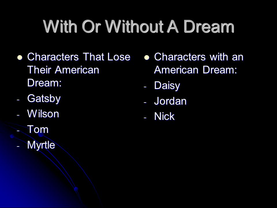 With Or Without A Dream Characters That Lose Their American Dream: Characters That Lose Their American Dream: - Gatsby - Wilson - Tom - Myrtle Characters with an American Dream: Characters with an American Dream: - Daisy - Jordan - Nick