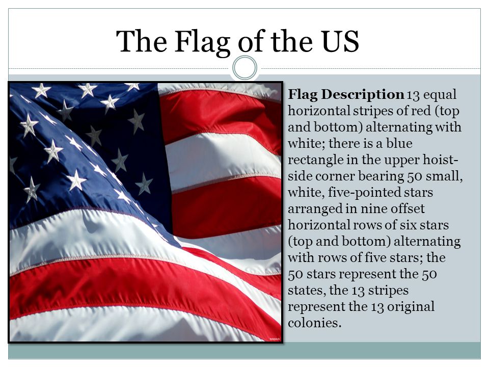 The Flag of the US Flag Description 13 equal horizontal stripes of red (top and bottom) alternating with white; there is a blue rectangle in the upper hoist- side corner bearing 50 small, white, five-pointed stars arranged in nine offset horizontal rows of six stars (top and bottom) alternating with rows of five stars; the 50 stars represent the 50 states, the 13 stripes represent the 13 original colonies.