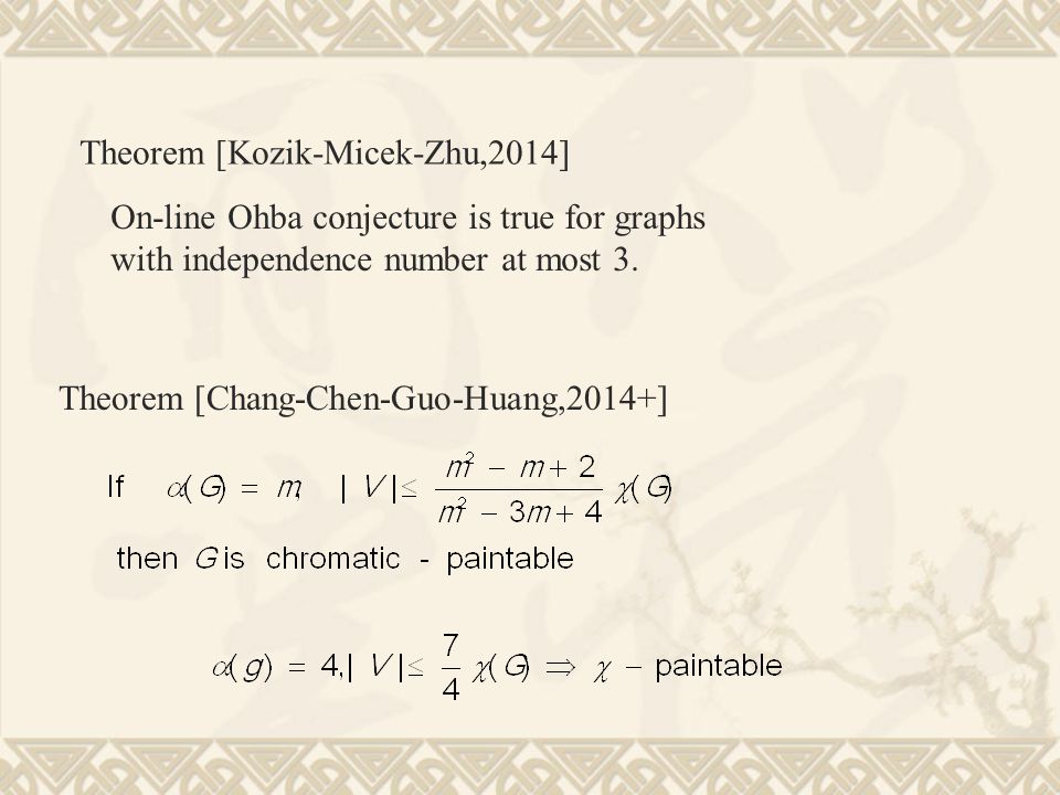 Theorem [Kozik-Micek-Zhu,2014] On-line Ohba conjecture is true for graphs with independence number at most 3.
