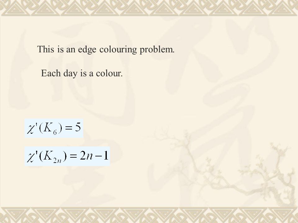 This is an edge colouring problem. Each day is a colour.
