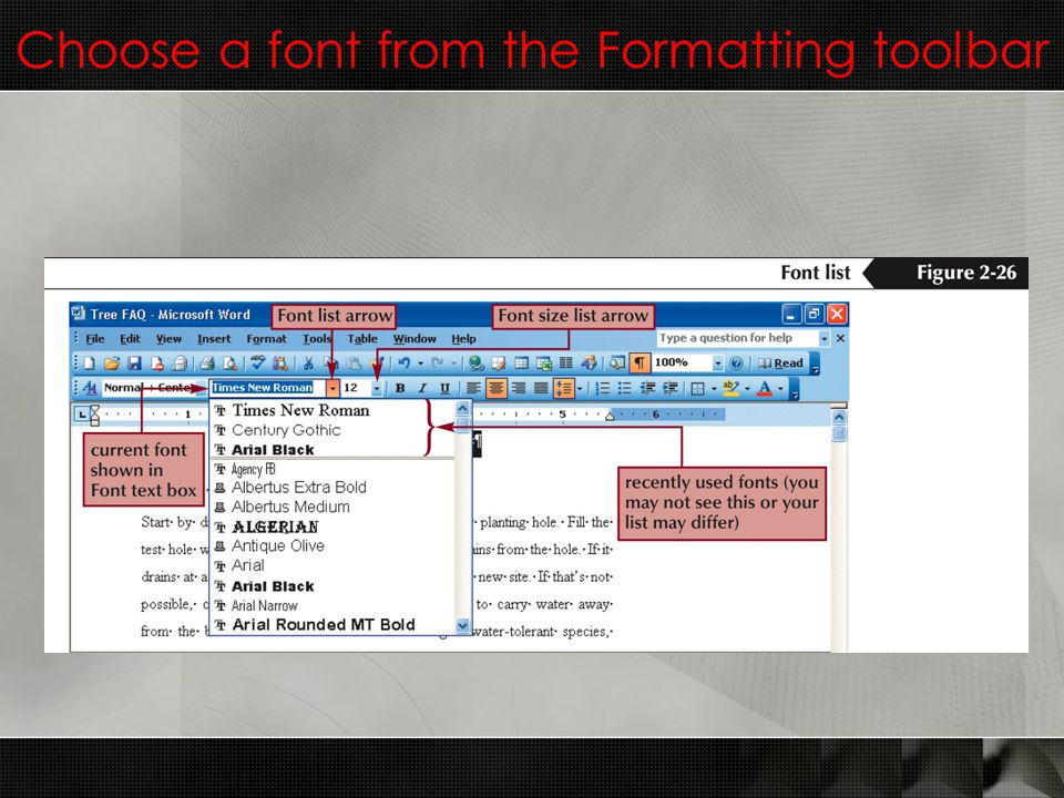 Choose a font from the Formatting toolbar