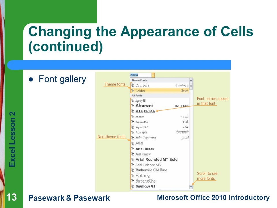 Excel Lesson 2 Pasewark & Pasewark Microsoft Office 2010 Introductory Changing the Appearance of Cells (continued) Font gallery 13