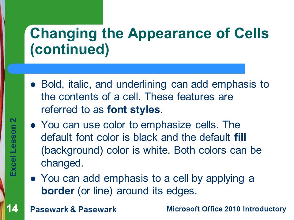 Excel Lesson 2 Pasewark & Pasewark Microsoft Office 2010 Introductory 14 Changing the Appearance of Cells (continued) Bold, italic, and underlining can add emphasis to the contents of a cell.