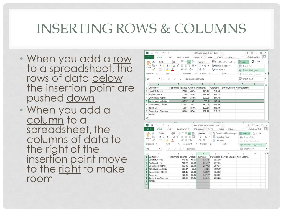 INSERTING ROWS & COLUMNS When you add a row to a spreadsheet, the rows of data below the insertion point are pushed down When you add a column to a spreadsheet, the columns of data to the right of the insertion point move to the right to make room