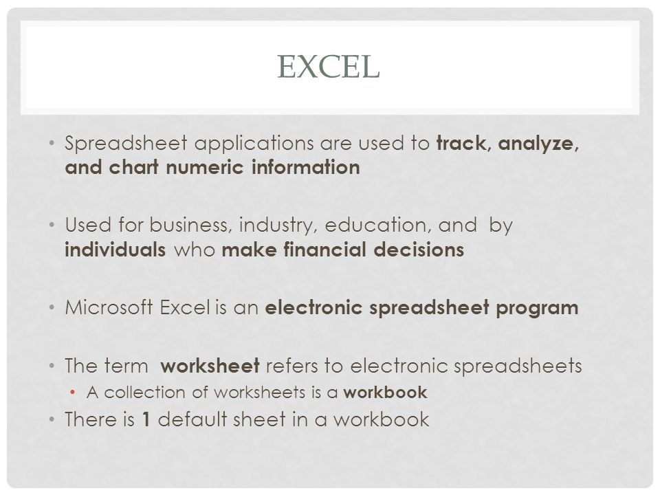 EXCEL Spreadsheet applications are used to track, analyze, and chart numeric information Used for business, industry, education, and by individuals who make financial decisions Microsoft Excel is an electronic spreadsheet program The term worksheet refers to electronic spreadsheets A collection of worksheets is a workbook There is 1 default sheet in a workbook