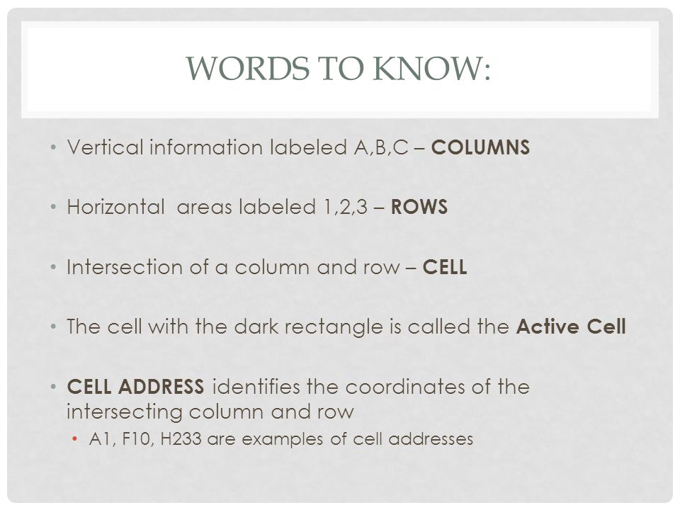 WORDS TO KNOW: Vertical information labeled A,B,C – COLUMNS Horizontal areas labeled 1,2,3 – ROWS Intersection of a column and row – CELL The cell with the dark rectangle is called the Active Cell CELL ADDRESS identifies the coordinates of the intersecting column and row A1, F10, H233 are examples of cell addresses