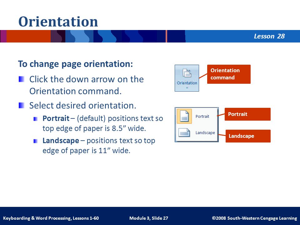Lesson Module 3, Slide 27 ©2008 South-Western Cengage LearningKeyboarding & Word Processing, Lessons 1-60 Orientation To change page orientation: Click the down arrow on the Orientation command.