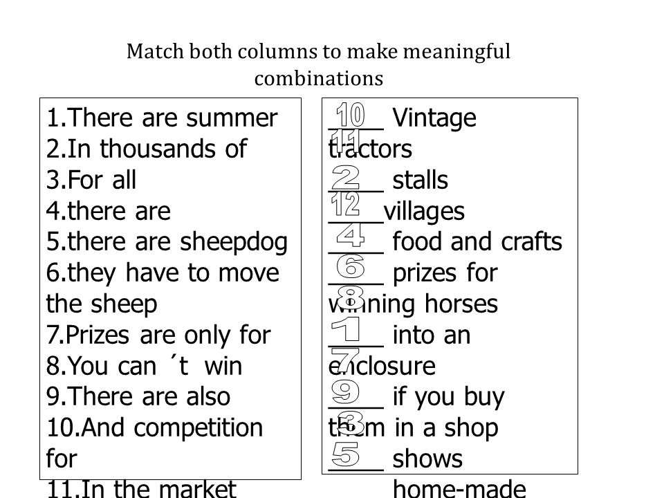 Match both columns to make meaningful combinations 1.There are summer 2.In thousands of 3.For all 4.there are 5.there are sheepdog 6.they have to move the sheep 7.Prizes are only for 8.You can ´t win 9.There are also 10.And competition for 11.In the market there´re food 12.Where you can buy ____ Vintage tractors ____ stalls ____villages ____ food and crafts ____ prizes for winning horses ____ into an enclosure ____ if you buy them in a shop ____ shows ____ home-made things ____ rallies of classic cars ____ kinds of animals and … ____ trials as well