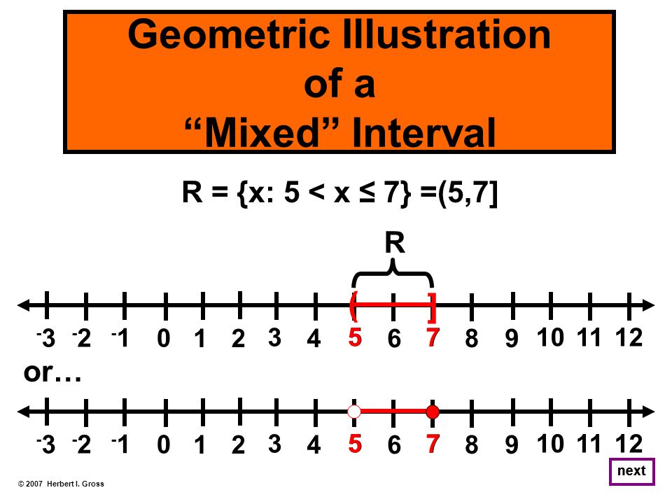 R = {x: 5 < x ≤ 7} =(5,7] next © 2007 Herbert I.