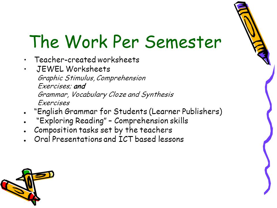 The Work Per Semester Teacher-created worksheets JEWEL Worksheets Graphic Stimulus, Comprehension Exercises; and Grammar, Vocabulary Cloze and Synthesis Exercises English Grammar for Students (Learner Publishers) Exploring Reading – Comprehension skills Composition tasks set by the teachers Oral Presentations and ICT based lessons