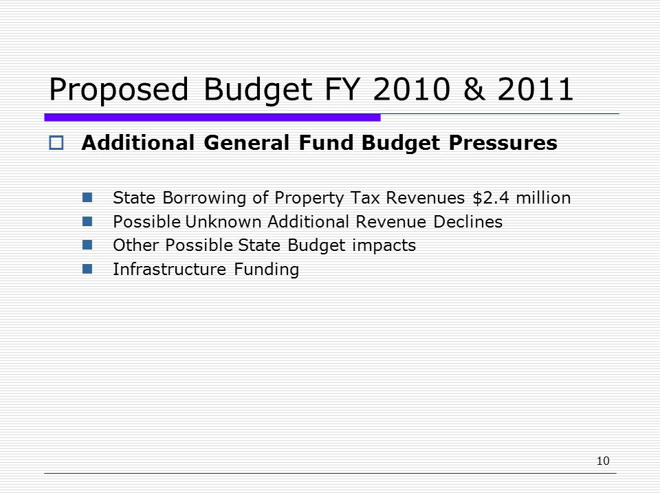 10 Proposed Budget FY 2010 & 2011  Additional General Fund Budget Pressures State Borrowing of Property Tax Revenues $2.4 million Possible Unknown Additional Revenue Declines Other Possible State Budget impacts Infrastructure Funding