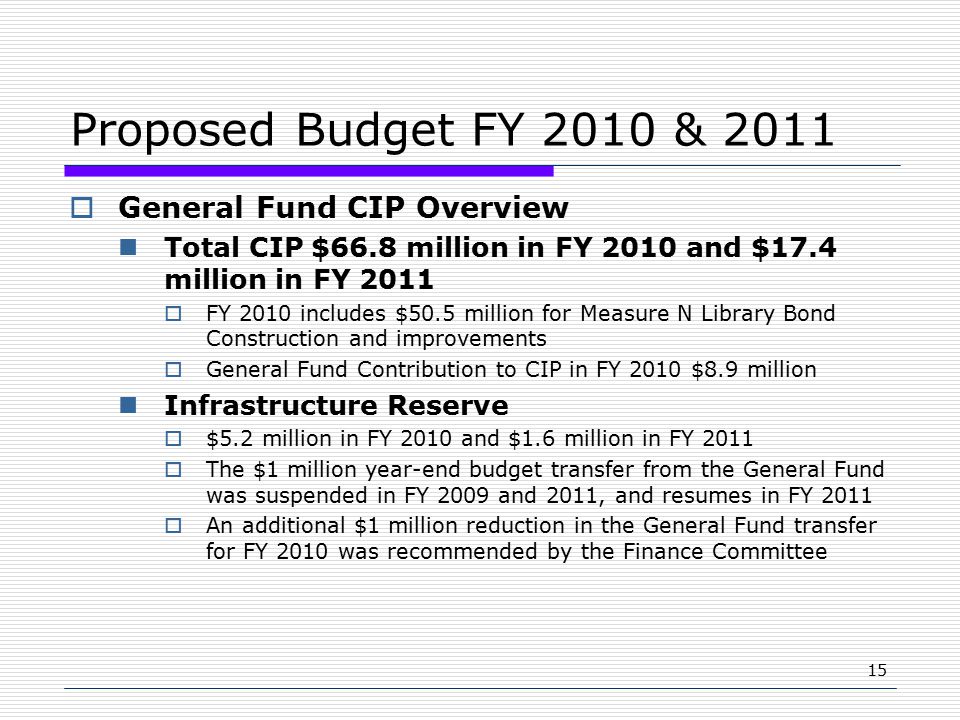 15 Proposed Budget FY 2010 & 2011  General Fund CIP Overview Total CIP $66.8 million in FY 2010 and $17.4 million in FY 2011  FY 2010 includes $50.5 million for Measure N Library Bond Construction and improvements  General Fund Contribution to CIP in FY 2010 $8.9 million Infrastructure Reserve  $5.2 million in FY 2010 and $1.6 million in FY 2011  The $1 million year-end budget transfer from the General Fund was suspended in FY 2009 and 2011, and resumes in FY 2011  An additional $1 million reduction in the General Fund transfer for FY 2010 was recommended by the Finance Committee