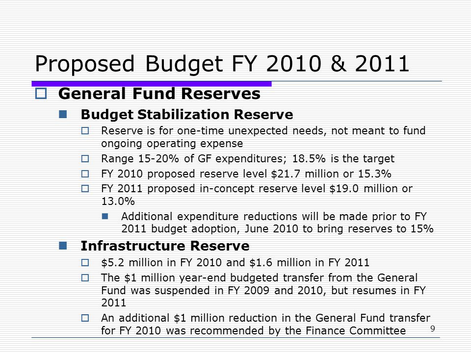 9 Proposed Budget FY 2010 & 2011  General Fund Reserves Budget Stabilization Reserve  Reserve is for one-time unexpected needs, not meant to fund ongoing operating expense  Range 15-20% of GF expenditures; 18.5% is the target  FY 2010 proposed reserve level $21.7 million or 15.3%  FY 2011 proposed in-concept reserve level $19.0 million or 13.0% Additional expenditure reductions will be made prior to FY 2011 budget adoption, June 2010 to bring reserves to 15% Infrastructure Reserve  $5.2 million in FY 2010 and $1.6 million in FY 2011  The $1 million year-end budgeted transfer from the General Fund was suspended in FY 2009 and 2010, but resumes in FY 2011  An additional $1 million reduction in the General Fund transfer for FY 2010 was recommended by the Finance Committee
