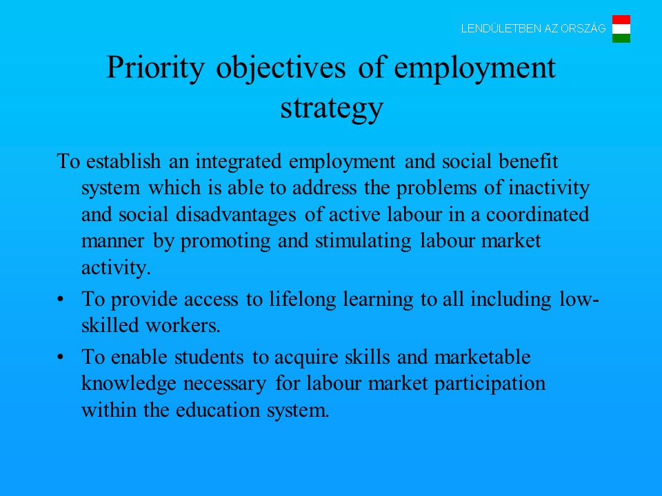 Priority objectives of employment strategy To establish an integrated employment and social benefit system which is able to address the problems of inactivity and social disadvantages of active labour in a coordinated manner by promoting and stimulating labour market activity.