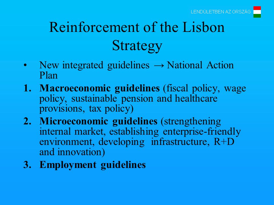 Reinforcement of the Lisbon Strategy New integrated guidelines → National Action Plan 1.Macroeconomic guidelines (fiscal policy, wage policy, sustainable pension and healthcare provisions, tax policy) 2.Microeconomic guidelines (strengthening internal market, establishing enterprise-friendly environment, developing infrastructure, R+D and innovation) 3.Employment guidelines