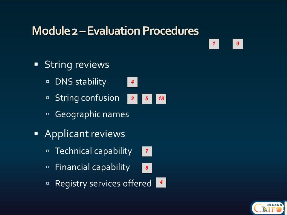 Module 2 – Evaluation Procedures  String reviews  DNS stability  String confusion  Geographic names  Applicant reviews  Technical capability  Financial capability  Registry services offered 19