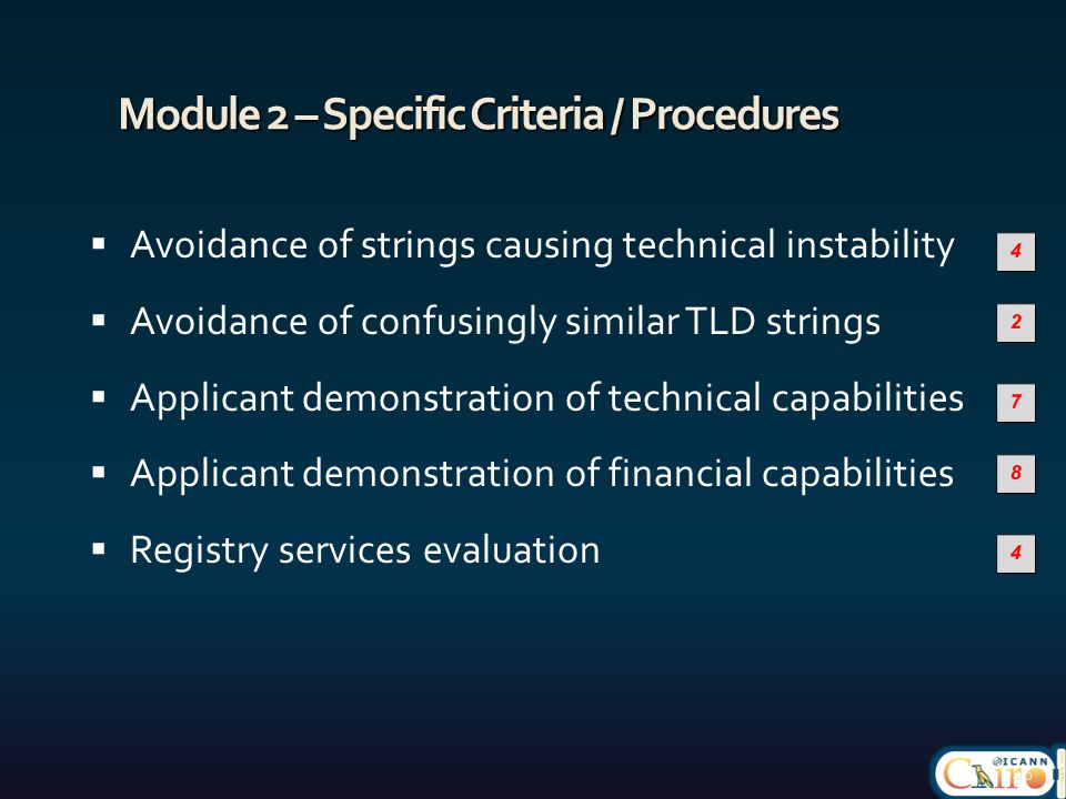 Module 2 – Specific Criteria / Procedures  Avoidance of strings causing technical instability  Avoidance of confusingly similar TLD strings  Applicant demonstration of technical capabilities  Applicant demonstration of financial capabilities  Registry services evaluation 20