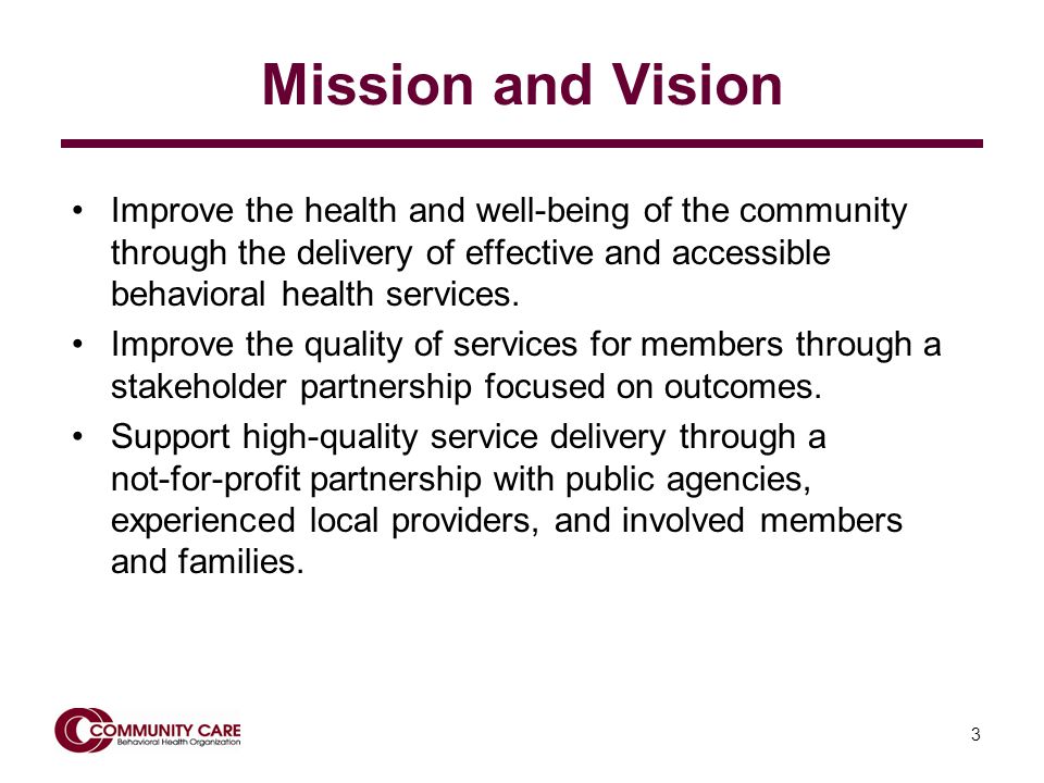 3 Mission and Vision Improve the health and well-being of the community through the delivery of effective and accessible behavioral health services.