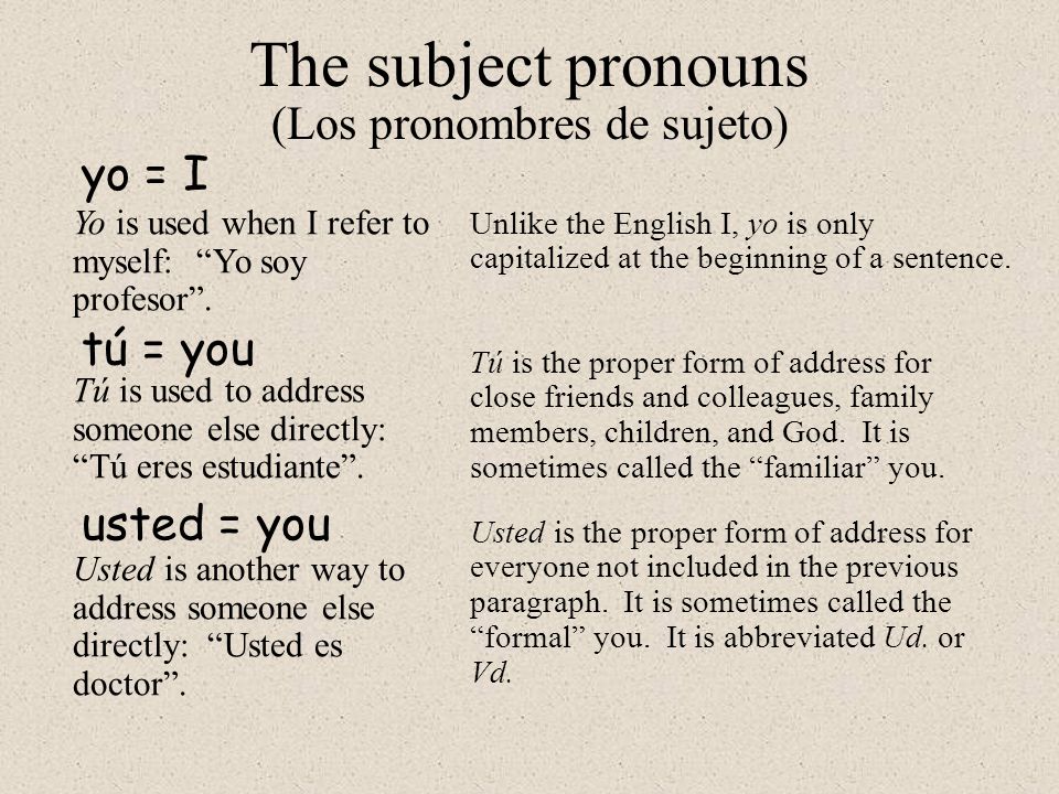 yo = I The subject pronouns (Los pronombres de sujeto) Yo is used when I refer to myself: Yo soy profesor .