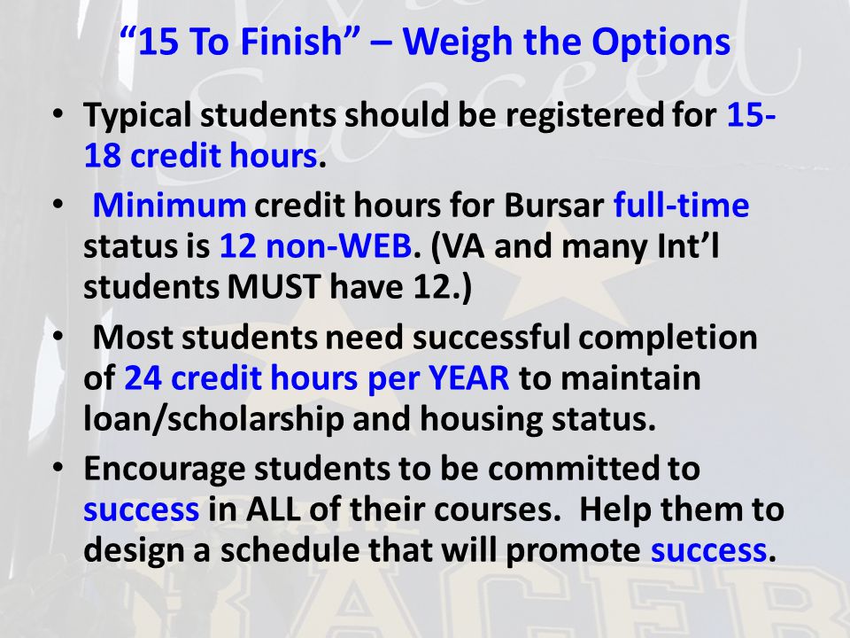 15 To Finish – Weigh the Options Typical students should be registered for credit hours.