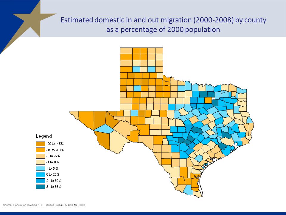 Estimated domestic in and out migration ( ) by county as a percentage of 2000 population Source: Population Division, U.S.