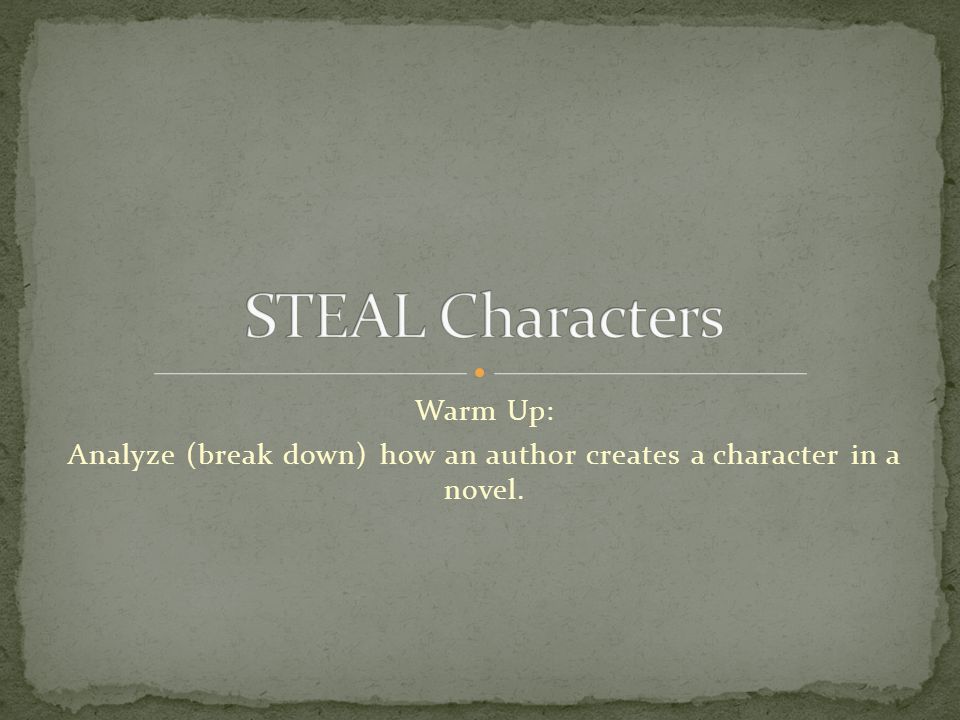 Warm Up: Analyze (break down) how an author creates a character in a novel.