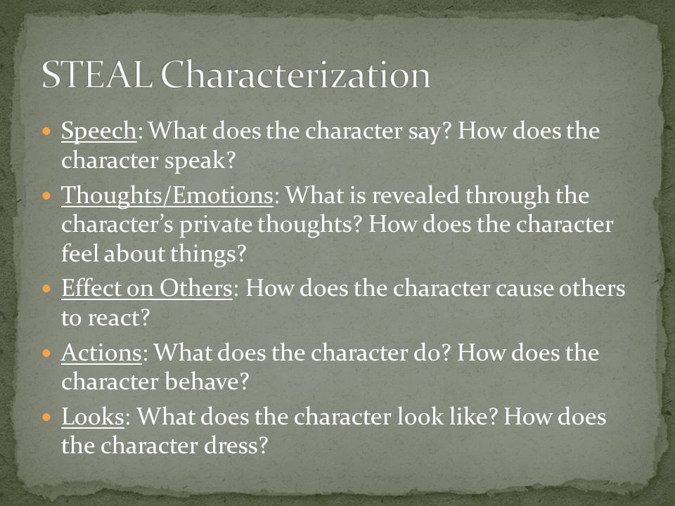 Speech: What does the character say. How does the character speak.