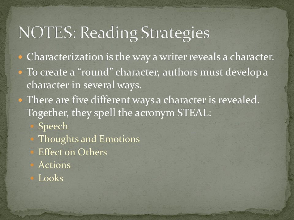 Characterization is the way a writer reveals a character.