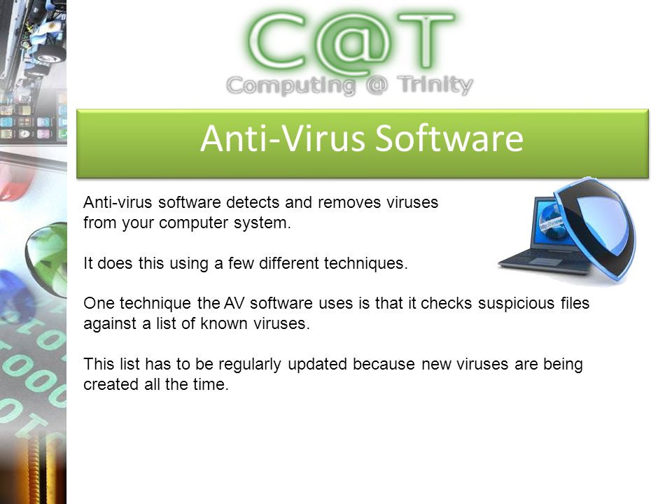 Anti-Virus Software Anti-virus software detects and removes viruses from your computer system.