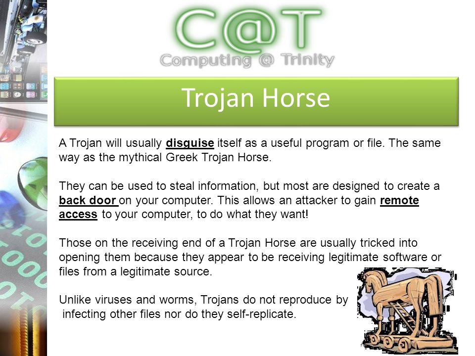 Trojan Horse A Trojan will usually disguise itself as a useful program or file.