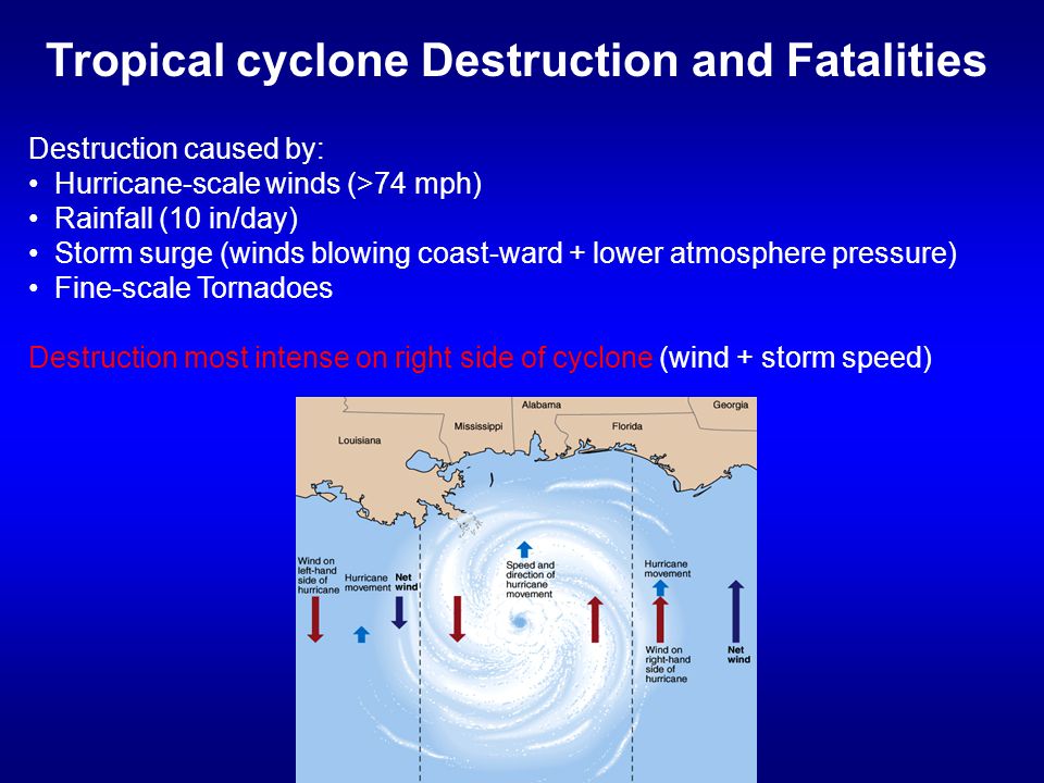 Destruction caused by: Hurricane-scale winds (>74 mph) Rainfall (10 in/day) Storm surge (winds blowing coast-ward + lower atmosphere pressure) Fine-scale Tornadoes Destruction most intense on right side of cyclone (wind + storm speed) Tropical cyclone Destruction and Fatalities