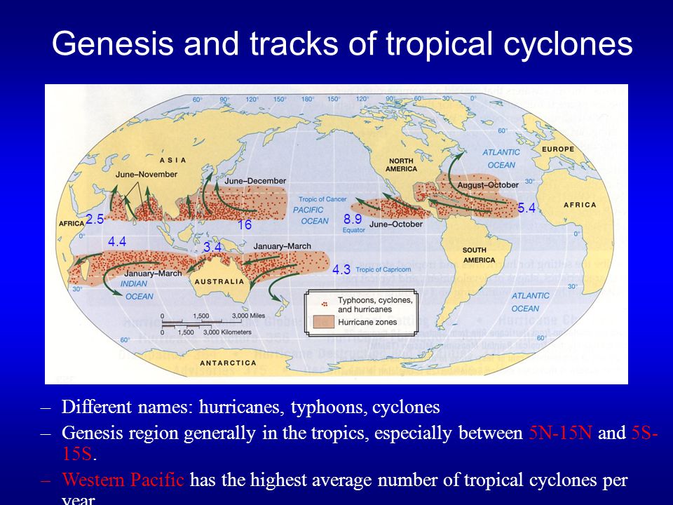 Genesis and tracks of tropical cyclones –Different names: hurricanes, typhoons, cyclones –Genesis region generally in the tropics, especially between 5N-15N and 5S- 15S.
