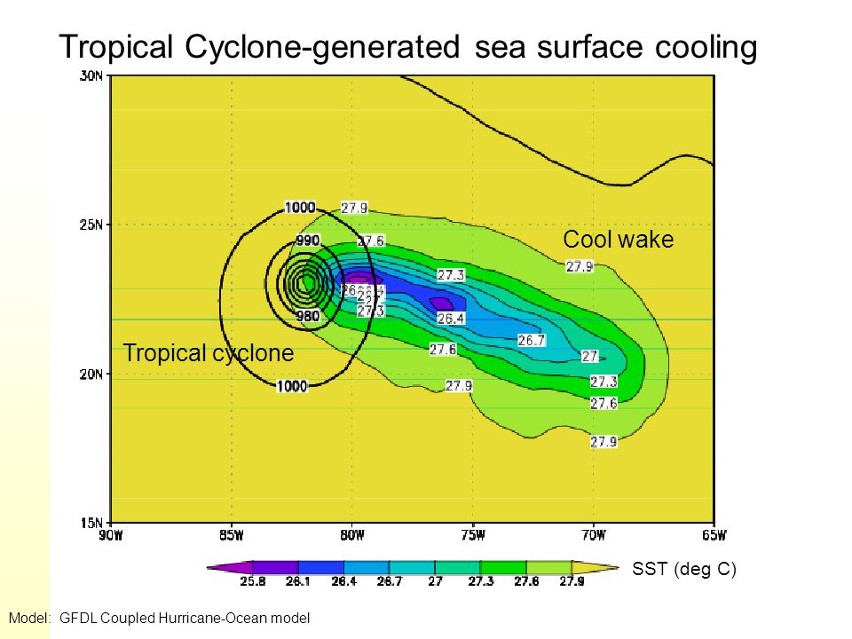 Tropical Cyclone-generated sea surface cooling Tropical cyclone Cool wake Model: GFDL Coupled Hurricane-Ocean model SST (deg C)