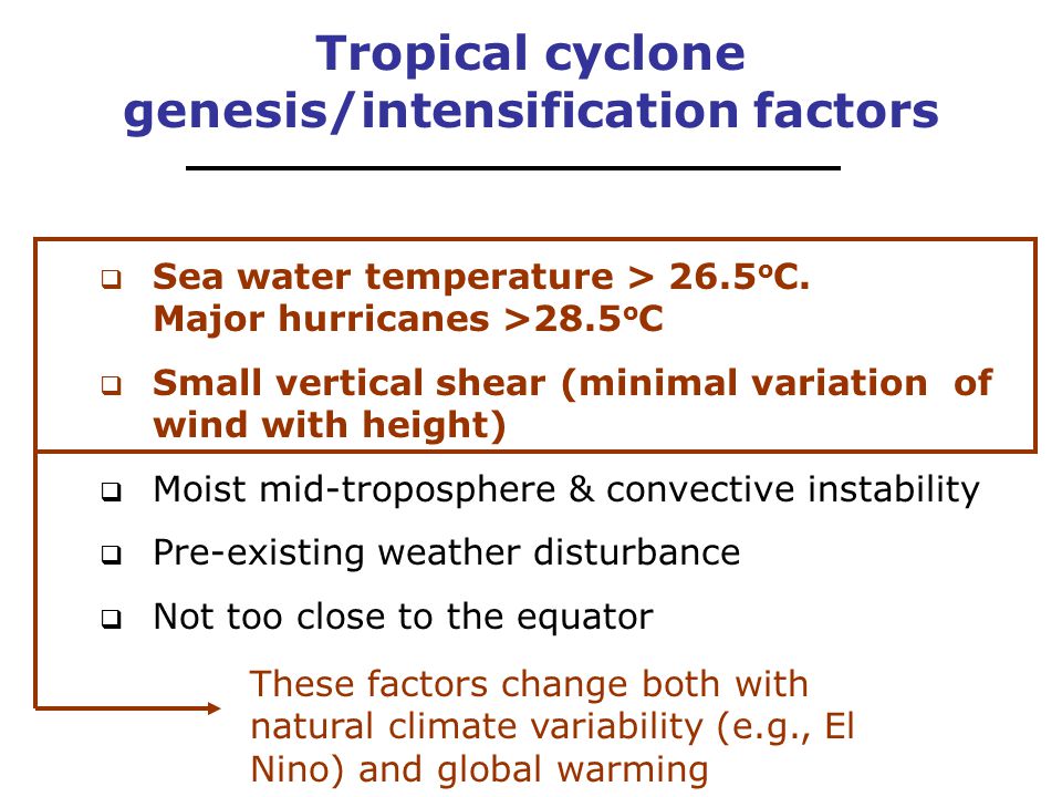 Tropical cyclone genesis/intensification factors  Sea water temperature > 26.5 o C.