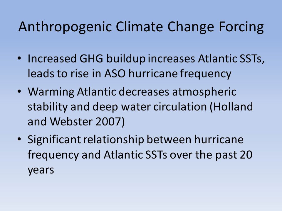Anthropogenic Climate Change Forcing Increased GHG buildup increases Atlantic SSTs, leads to rise in ASO hurricane frequency Warming Atlantic decreases atmospheric stability and deep water circulation (Holland and Webster 2007) Significant relationship between hurricane frequency and Atlantic SSTs over the past 20 years