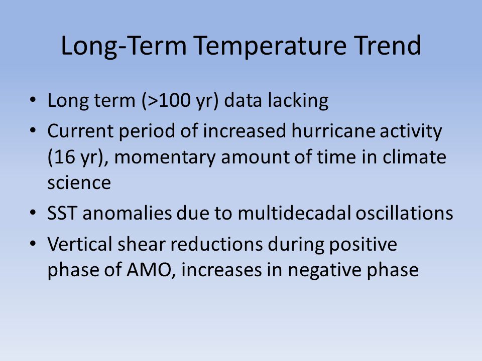 Long-Term Temperature Trend Long term (>100 yr) data lacking Current period of increased hurricane activity (16 yr), momentary amount of time in climate science SST anomalies due to multidecadal oscillations Vertical shear reductions during positive phase of AMO, increases in negative phase