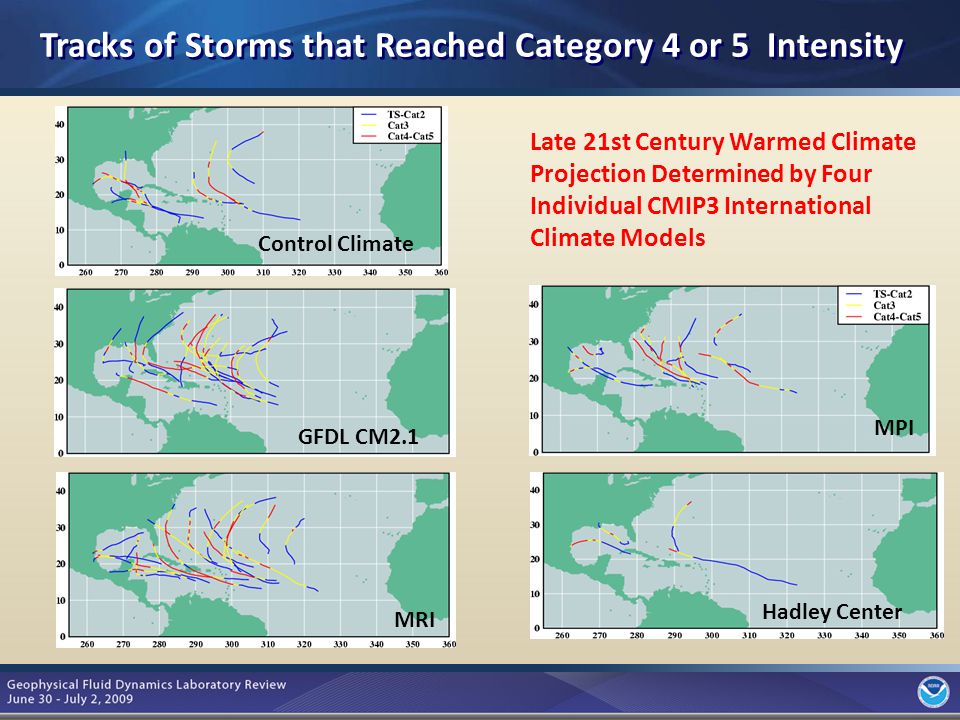 9 GFDL CM2.1 MRI MPI Hadley Center Control Climate Late 21st Century Warmed Climate Projection Determined by Four Individual CMIP3 International Climate Models Tracks of Storms that Reached Category 4 or 5 Intensity