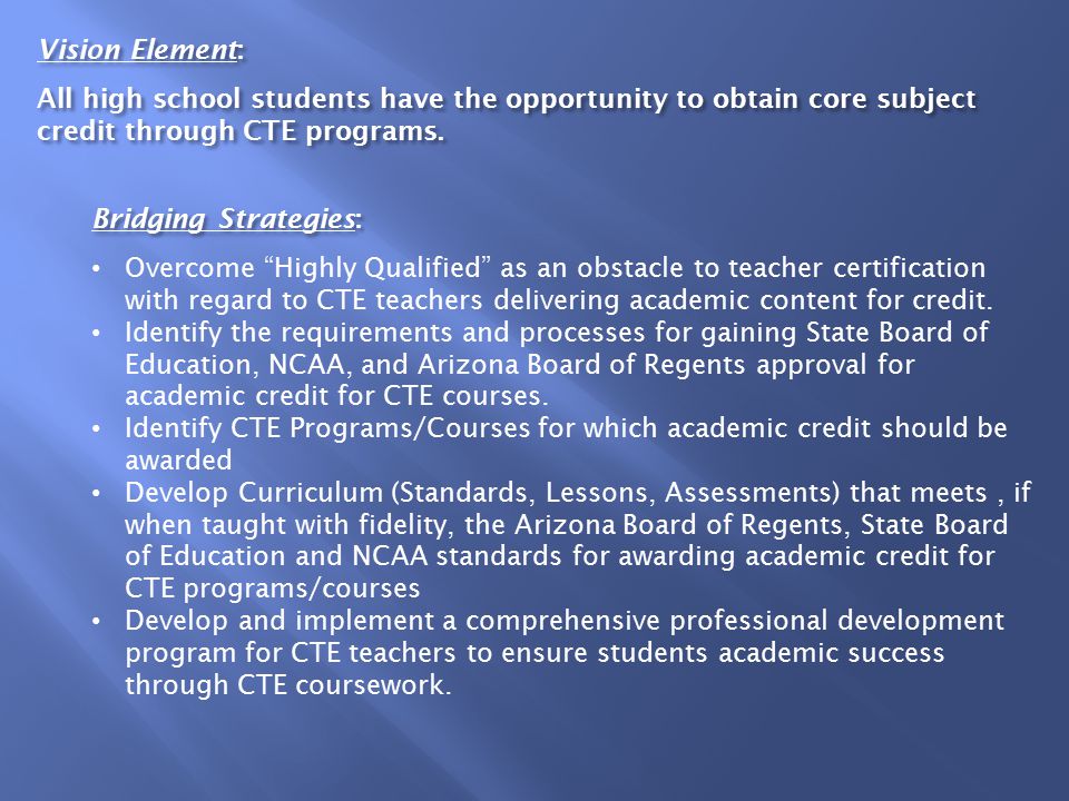 Vision Element: All high school students have the opportunity to obtain core subject credit through CTE programs.