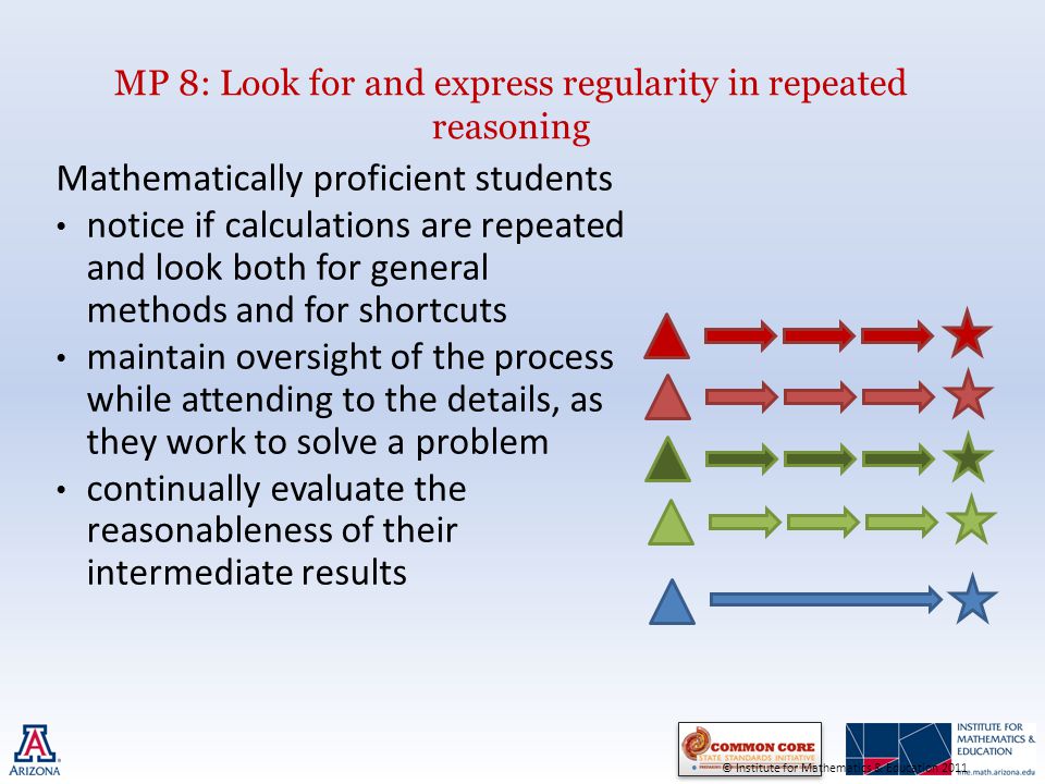 MP 8: Look for and express regularity in repeated reasoning Mathematically proficient students notice if calculations are repeated and look both for general methods and for shortcuts maintain oversight of the process while attending to the details, as they work to solve a problem continually evaluate the reasonableness of their intermediate results © Institute for Mathematics & Education 2011