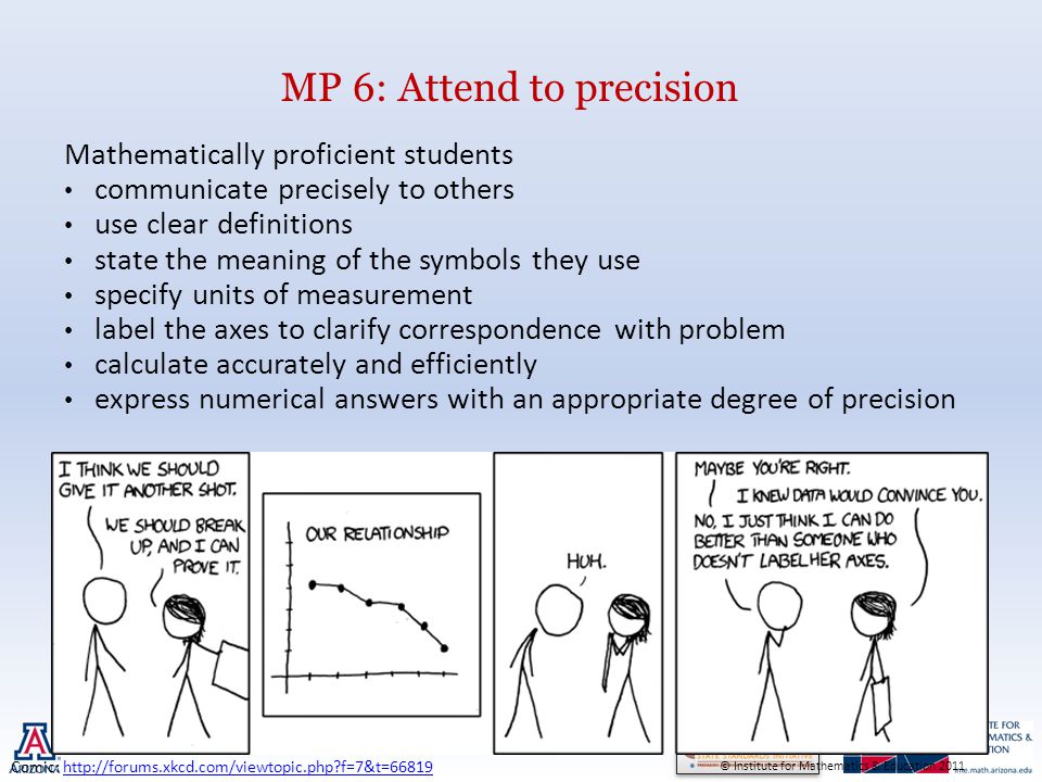MP 6: Attend to precision Mathematically proficient students communicate precisely to others use clear definitions state the meaning of the symbols they use specify units of measurement label the axes to clarify correspondence with problem calculate accurately and efficiently express numerical answers with an appropriate degree of precision Comic:   f=7&t=66819http://forums.xkcd.com/viewtopic.php f=7&t=66819 © Institute for Mathematics & Education 2011