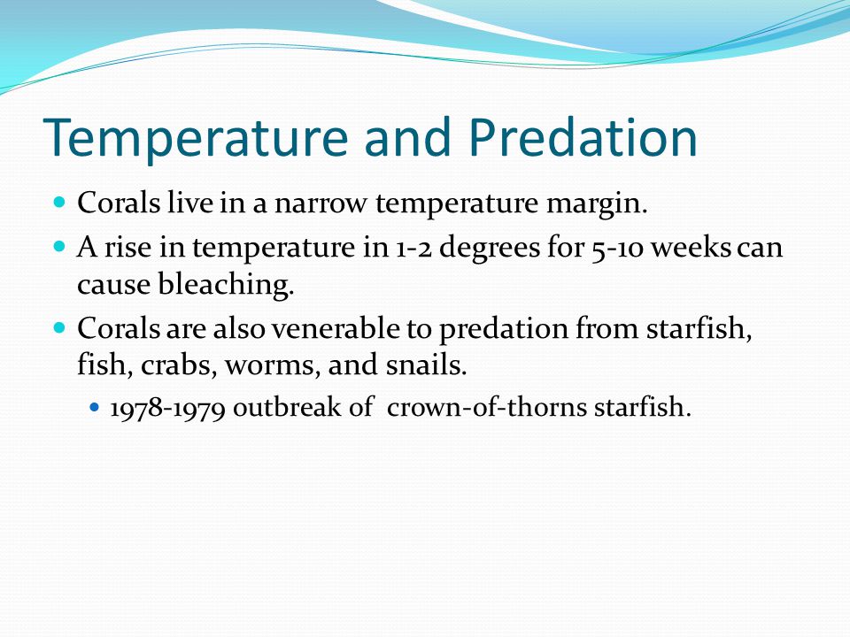Temperature and Predation Corals live in a narrow temperature margin.