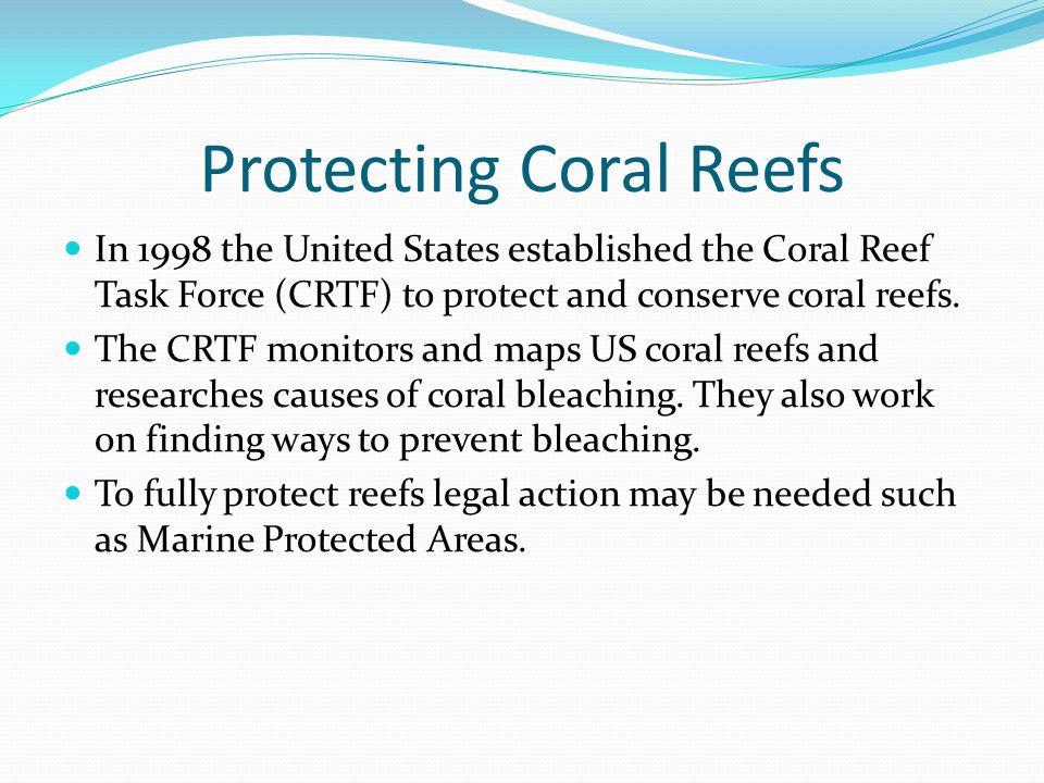 Protecting Coral Reefs In 1998 the United States established the Coral Reef Task Force (CRTF) to protect and conserve coral reefs.