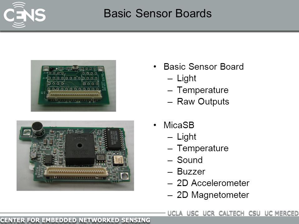 Basic Sensor Boards Basic Sensor Board –Light –Temperature –Raw Outputs MicaSB –Light –Temperature –Sound –Buzzer –2D Accelerometer –2D Magnetometer