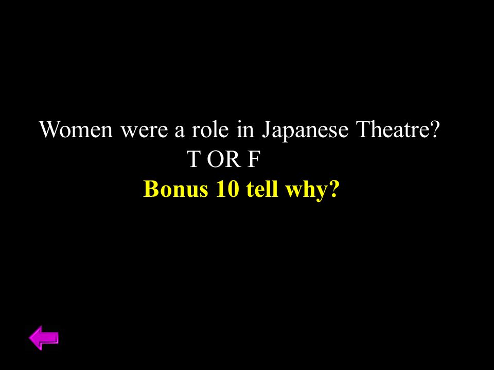 Women were a role in Japanese Theatre T OR F Bonus 10 tell why