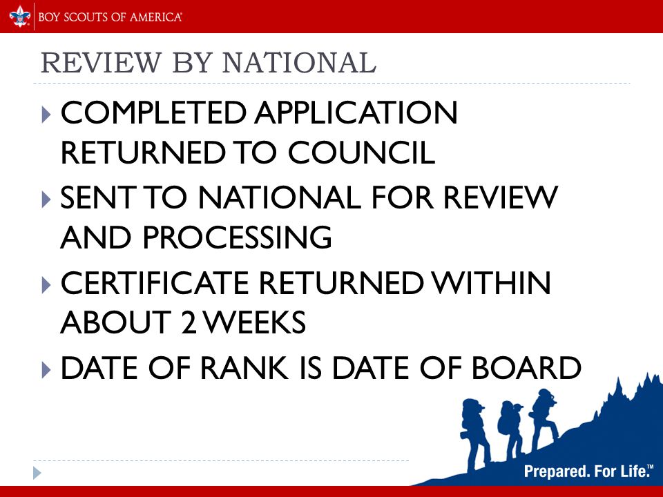 REVIEW BY NATIONAL  COMPLETED APPLICATION RETURNED TO COUNCIL  SENT TO NATIONAL FOR REVIEW AND PROCESSING  CERTIFICATE RETURNED WITHIN ABOUT 2 WEEKS  DATE OF RANK IS DATE OF BOARD