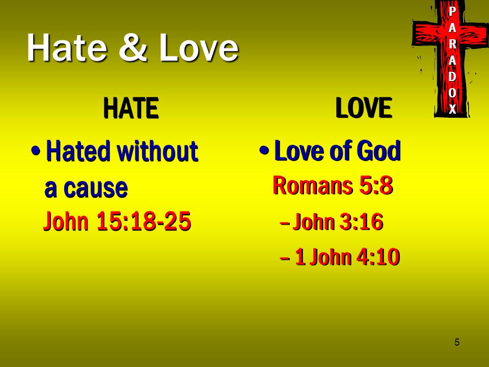 5 Hate & Love HATE Hated without a cause John 15:18-25 HATE Hated without a cause John 15:18-25 LOVE Love of God Romans 5:8 –John 3:16 –1 John 4:10 LOVE Love of God Romans 5:8 –John 3:16 –1 John 4:10 PARADOXPARADOXPARADOXPARADOX